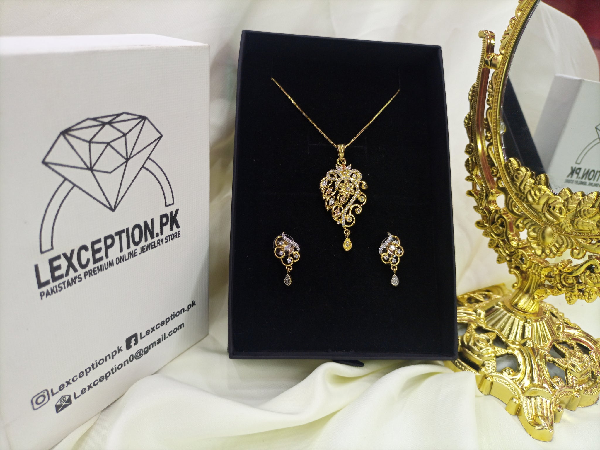 Gold plated necklace earrings zircon set