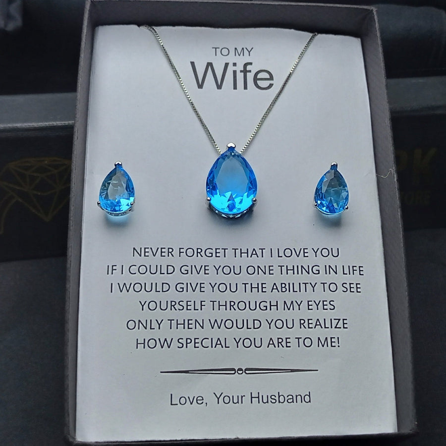 AQUA LOOK ZIRCON LUXURY PENDANT CHAIN EARRINGS SET WITH CUSTOMIZE BOX