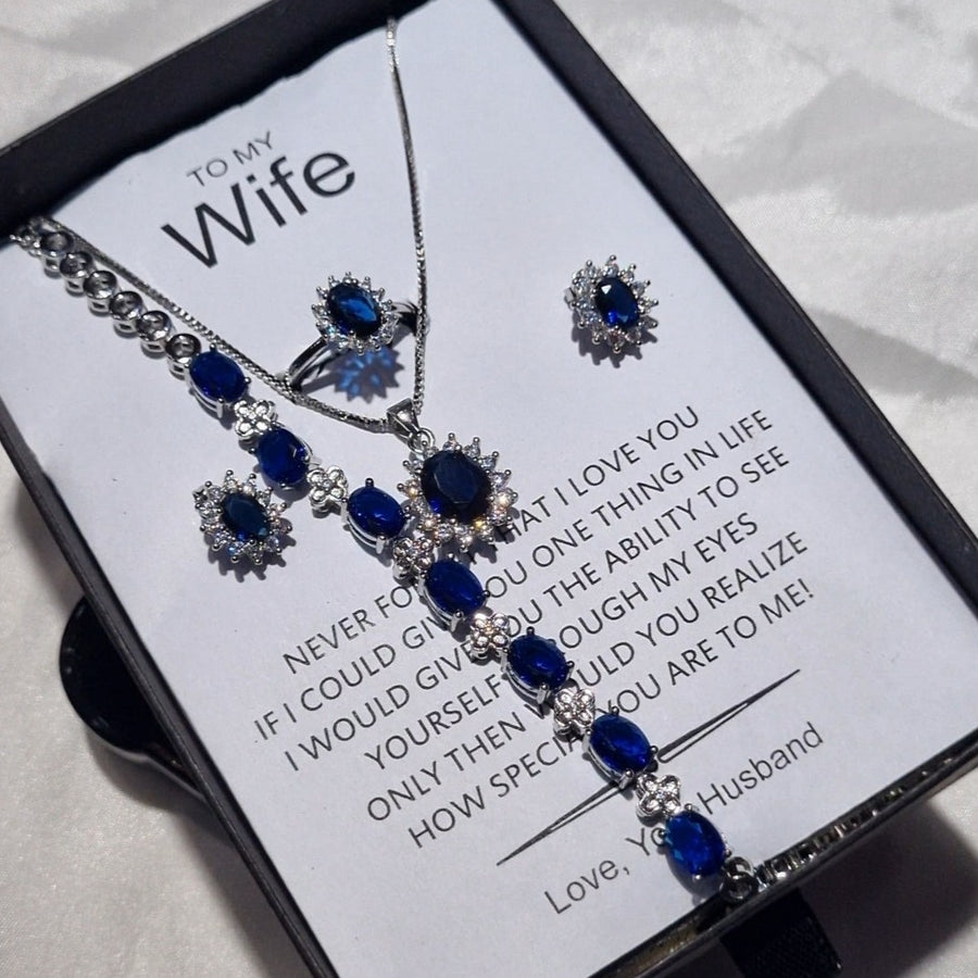 SAPPHIRE LOOK PENDANT CHAIN EARRINGS RING AND BRACELET WITH FREE BOX