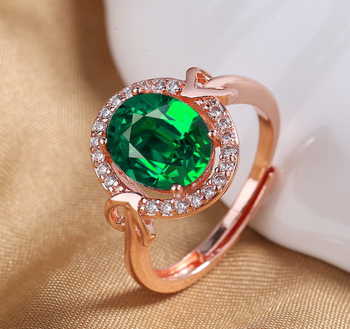 Emerald look rose gold plated ring adjustable