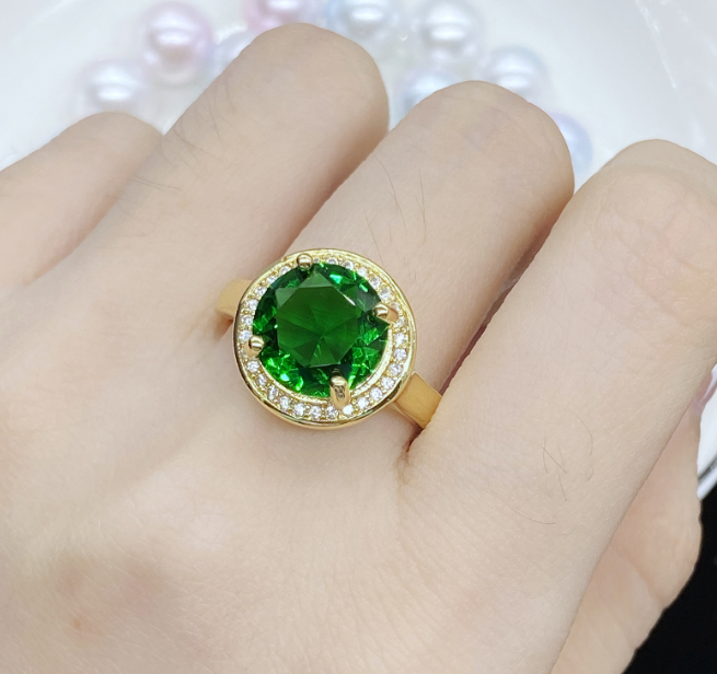 Gold plated emerald look luxury zircon ring adjustable