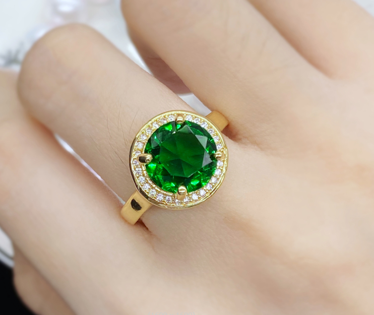 Gold plated emerald look luxury zircon ring adjustable