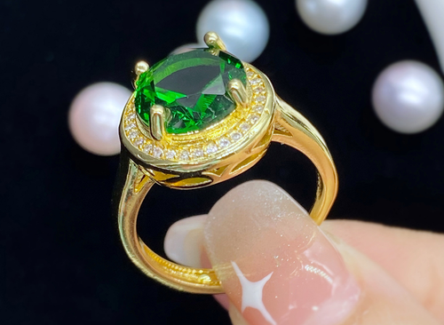 Gold plated emerald look luxury zircon ring adjustable