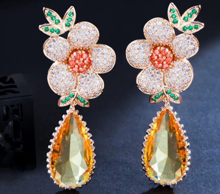 RADIANT SUNBURST ZIRCON STONES HIGHLY FINISHED RHODIUM PLATED ART NOVEAU LUXURY EARRINGS