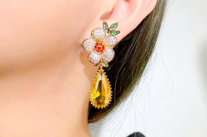 RADIANT SUNBURST ZIRCON STONES HIGHLY FINISHED RHODIUM PLATED ART NOVEAU LUXURY EARRINGS