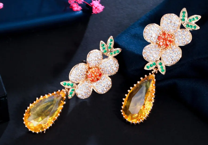 RADIANT SUNBURST ZIRCON STONES HIGHLY FINISHED RHODIUM PLATED ART NOVEAU LUXURY EARRINGS
