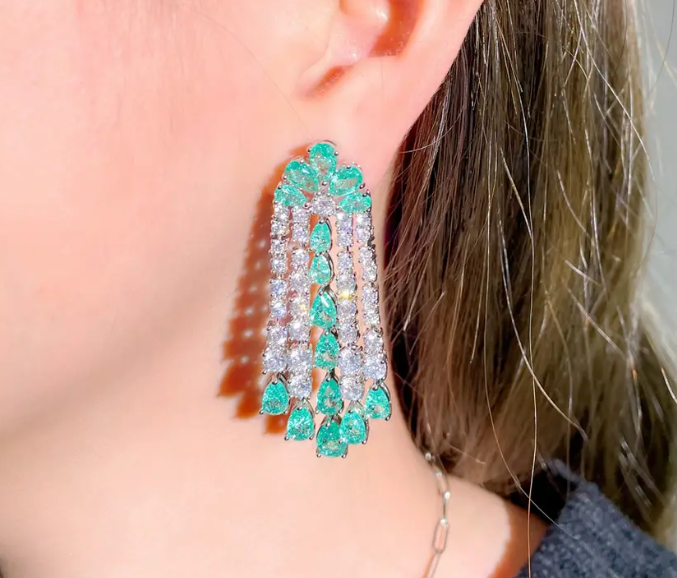 LOTUS BLOOMS ZIRCON STONES HIGHLY FINISHED RHODIUM PLATED ART NOVEAU LUXURY EARRINGS