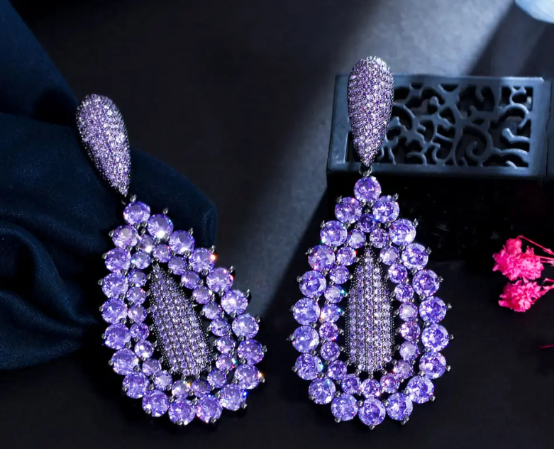 THREE GRACES AMETHYST LOOK LUXURY RHODIUM PLATED EARRINGS