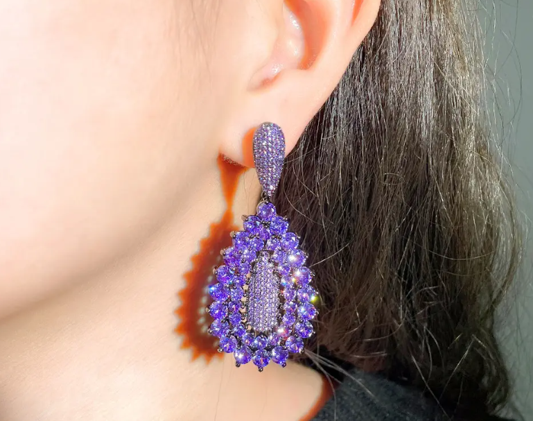 THREE GRACES AMETHYST LOOK LUXURY RHODIUM PLATED EARRINGS
