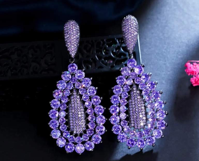 THREE GRACES AMETHYST LOOK LUXURY RHODIUM PLATED EARRINGS
