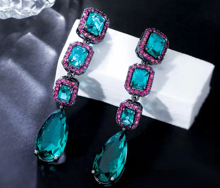 ZIRCON STONES HIGHLY FINISHED RHODIUM PLATED ART NOVEAU LUXURY EARRINGS