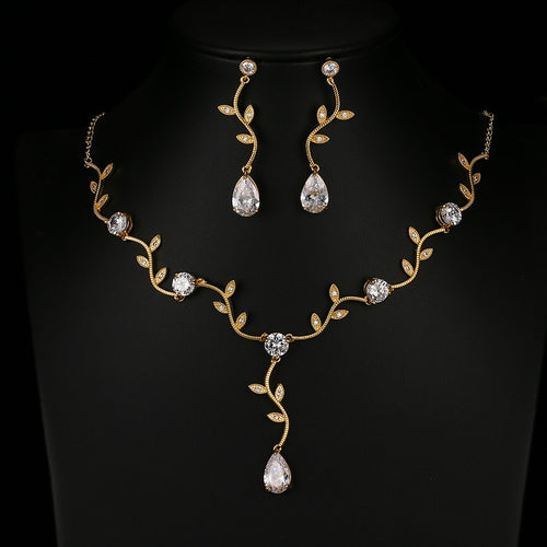 LEAF PATTERN GOLD PLATED LUXURY NECKLACE EARRINGS SET