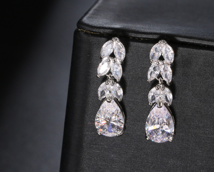 LEAF CLUSTER RHODIUM PLATED LUXURY EARRINGS WITH SPECIAL BOX