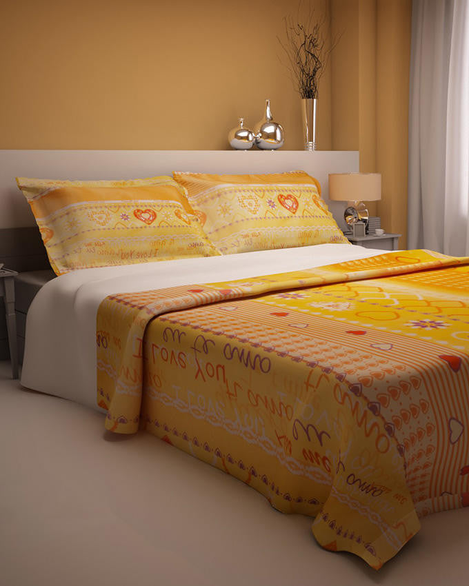 Orange Hearts Design Double Bedsheet With 2 Pillow Covers - Lexception
