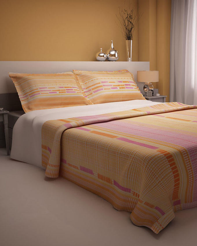 Orange Lines Design Double Bedsheet With 2 Pillow Covers - Lexception