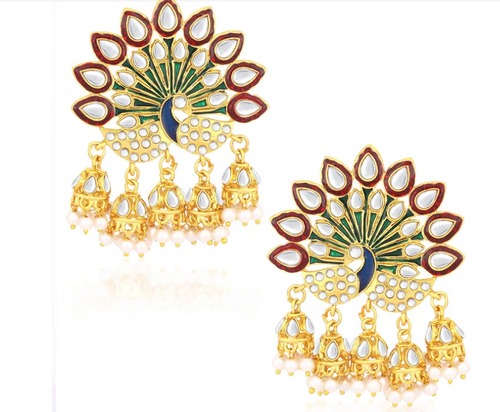 Gold Plated Peacock Meenakari Jhumki Earrings