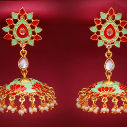 Gold Plated Lotus Meenakari Jhumki