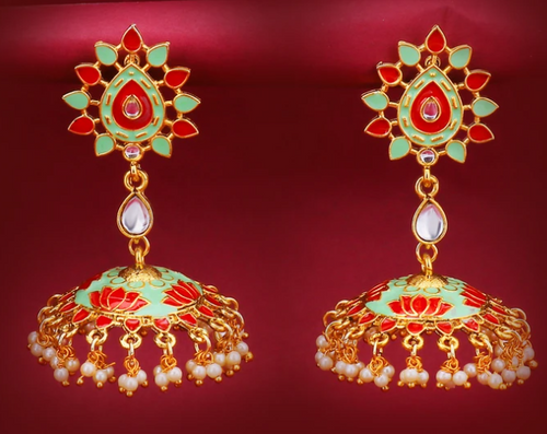 Gold Plated Lotus Meenakari Jhumki