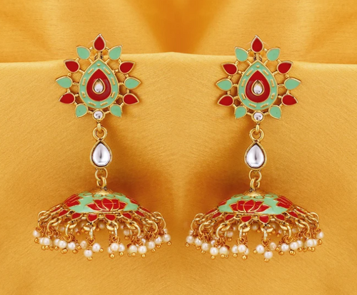 Gold Plated Lotus Meenakari Jhumki