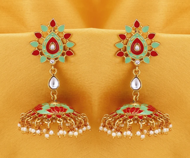 Gold Plated Lotus Meenakari Jhumki